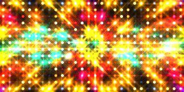 Parlayan ışıklar siyah arka planda parti izleri. Sahne veya stadyum ışıklarının dijital illüstrasyonu. Parlak desenli duvar kağıdı. Sahne ışıkları ile renkli ışıkların ihtişamlı arkaplanı. 