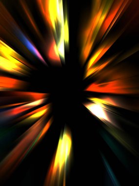 Siyah arkaplanda izole edilmiş dinamik ışık ışınları. Parlayan renkli ışık parçacıklarının grafiksel 2d çizimi.