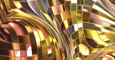 Metalik panel dokusunun 3 boyutlu çizimi. Renkli, parlak, soyut duvar kağıdı. Geometrik teknolojik parlak yansıtıcı arka plan. Yaratıcı parlak kavramsal arkaplan.