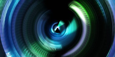 Fotoğraf makinesi konsepti. Soyut arkaplan. Dönen ışık ışınları. Hareketli kavramsal duvar kağıdı. Grafik dijital illüstrasyon. Parlayan neon ışıkları. Parlak sunum tasarım şablonu.