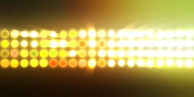 Parlak desenli duvar kağıdı. Sahne ışıkları olan renkli ışıkların ihtişamlı arkaplanı. Parlayan ışıklar siyah arka planda parti izleri. Sahne veya stadyum ışıklarının dijital illüstrasyonu. 