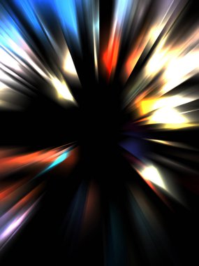 Siyah arkaplanda izole edilmiş dinamik ışık ışınları. Parlayan renkli ışık parçacıklarının grafiksel 2d çizimi.