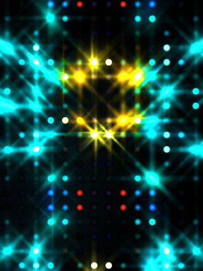 Parlayan ışıklar siyah arka planda parti izleri. Sahne veya stadyum ışıklarının dijital illüstrasyonu. Parlak desenli duvar kağıdı. Sahne ışıkları ile renkli ışıkların ihtişamlı arkaplanı.