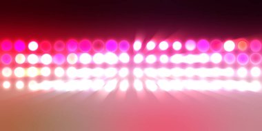 Parlak desenli duvar kağıdı. Sahne ışıkları olan renkli ışıkların ihtişamlı arkaplanı. Parlayan ışıklar siyah arka planda parti izleri. Sahne veya stadyum ışıklarının dijital illüstrasyonu. 