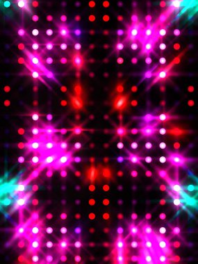 Parlayan ışıklar siyah arka planda parti izleri. Sahne veya stadyum ışıklarının dijital illüstrasyonu. Parlak desenli duvar kağıdı. Sahne ışıkları ile renkli ışıkların ihtişamlı arkaplanı.