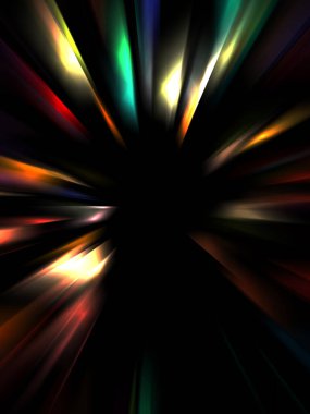 Siyah arkaplanda izole edilmiş dinamik ışık ışınları. Parlayan renkli ışık parçacıklarının grafiksel 2d çizimi.