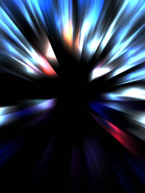 Siyah arkaplanda izole edilmiş dinamik ışık ışınları. Parlayan renkli ışık parçacıklarının grafiksel 2d çizimi.