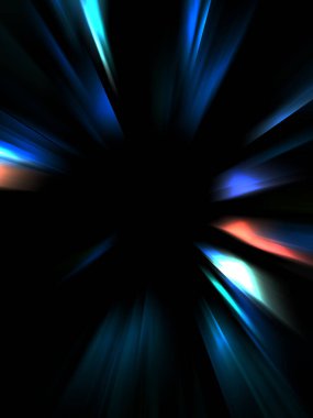 Siyah arkaplanda izole edilmiş dinamik ışık ışınları. Parlayan renkli ışık parçacıklarının grafiksel 2d çizimi.