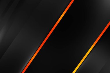 Metin için kopyalama alanı olan soyut siyah paneller. Üç boyutlu illüstrasyon. Renkli ışık özellikli koyu renk tasarım şablonu. Zarif geometrik parlak çizgili arka plan. Minimalist geometrik kapak grafiği.