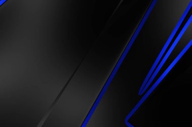 Metin için kopyalama alanı olan soyut siyah paneller. Üç boyutlu illüstrasyon. Renkli ışık özellikli koyu renk tasarım şablonu. Zarif geometrik parlak çizgili arka plan. Minimalist geometrik kapak grafiği.