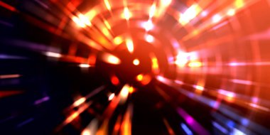 Parlayan ışıkları hareket ettirmenin havalı arka planı. Tasarımınız için canlı renkli bir portal şablonu. Işık ışınları ve hareket halindeki ışıldayan parçacıklar bir solucan deliği şekli oluşturuyor..