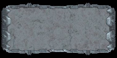 Gelecekçi tasarım şablonu. Metal paslı tabak menüsü. Teknoloji afişi beyaz arkaplanda izole edildi. Bilim kurgu elemanı grafiği. Metalik paslanmış 3 boyutlu illüstrasyon.  