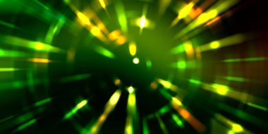 Parlayan ışıkları hareket ettirmenin havalı arka planı. Tasarımınız için canlı renkli bir portal şablonu. Işık ışınları ve hareket halindeki ışıldayan parçacıklar bir solucan deliği şekli oluşturuyor..