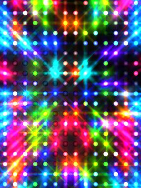 Parlayan ışıklar siyah arka planda parti izleri. Sahne veya stadyum ışıklarının dijital illüstrasyonu. Parlak desenli duvar kağıdı. Sahne ışıkları ile renkli ışıkların ihtişamlı arkaplanı.