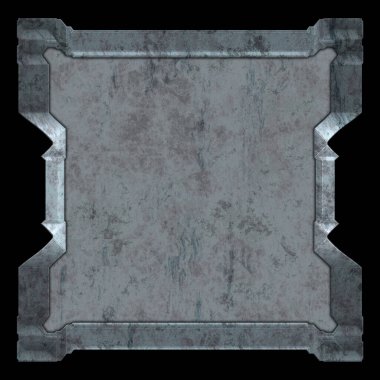 Gelecekçi tasarım şablonu. Metal paslı tabak menüsü. Teknoloji afişi beyaz arkaplanda izole edildi. Bilim kurgu elemanı grafiği. Metalik paslanmış 3 boyutlu illüstrasyon.  