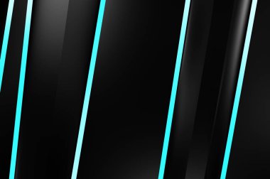 Metin için kopyalama alanı olan soyut siyah paneller. Üç boyutlu illüstrasyon. Renkli ışık özellikli koyu renk tasarım şablonu. Zarif geometrik parlak çizgili arka plan. Minimalist geometrik kapak grafiği.