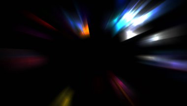 Siyah arkaplanda izole edilmiş dinamik ışık ışınları. Parlayan renkli ışık parçacıklarının grafiksel 2d çizimi.