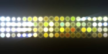 Parlak desenli duvar kağıdı. Sahne ışıkları olan renkli ışıkların ihtişamlı arkaplanı. Parlayan ışıklar siyah arka planda parti izleri. Sahne veya stadyum ışıklarının dijital illüstrasyonu. 