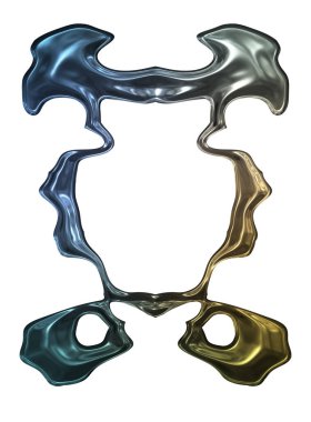 Üç boyutlu metalik illüstrasyon. Beyaz arka planda izole edilmiş fantezi çerçevesi. Davetiyeler, posterler, menü, hatıra defteri ve sunum için mükemmel. Metnin için şablon.