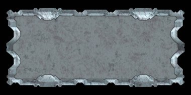 Gelecekçi tasarım şablonu. Metal paslı tabak menüsü. Teknoloji afişi beyaz arkaplanda izole edildi. Bilim kurgu elemanı grafiği. Metalik paslanmış 3 boyutlu illüstrasyon.  