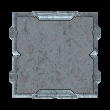 Gelecekçi tasarım şablonu. Metal paslı tabak menüsü. Teknoloji afişi beyaz arkaplanda izole edildi. Bilim kurgu elemanı grafiği. Metalik paslanmış 3 boyutlu illüstrasyon.  