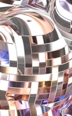 Metalik panel dokusunun 3 boyutlu çizimi. Renkli, parlak, soyut duvar kağıdı. Geometrik teknolojik parlak yansıtıcı arka plan. Yaratıcı parlak kavramsal arkaplan.