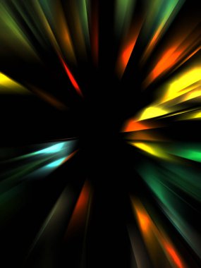 Siyah arkaplanda izole edilmiş dinamik ışık ışınları. Parlayan renkli ışık parçacıklarının grafiksel 2d çizimi.