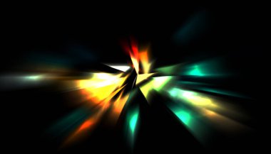 Parlayan ışıkları hareket ettirmenin havalı arka planı. Tasarımınız için canlı renkli bir portal şablonu. Işık ışınları ve hareket halindeki ışıldayan parçacıklar bir solucan deliği şekli oluşturuyor..