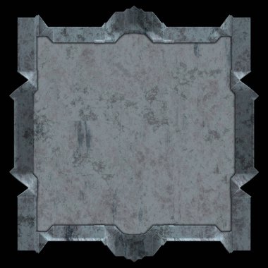 Gelecekçi tasarım şablonu. Metal paslı tabak menüsü. Teknoloji afişi beyaz arkaplanda izole edildi. Bilim kurgu elemanı grafiği. Metalik paslanmış 3 boyutlu illüstrasyon.  