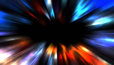 Siyah arkaplanda izole edilmiş dinamik ışık ışınları. Parlayan renkli ışık parçacıklarının grafiksel 2d çizimi.