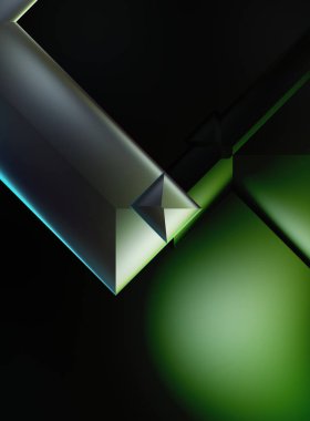 Geometrik dinamik şekiller. Gölgeli teknoloji dijital şablonu ve gradyan arka planda ışıklar. Modern basit geometrik renk gradyanı soyut arkaplan. 3B illüstrasyon. 