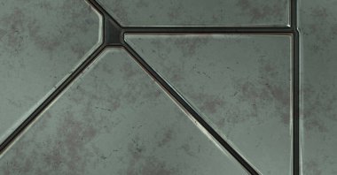 Gelecekçi kavramsal tasarım arka planı. Uzay gemisi desenli duvar kağıdı. Fırçalanmış teknoloji şablonu yüzeyi. Üç boyutlu illüstrasyon. SciFi panelleri duvar.