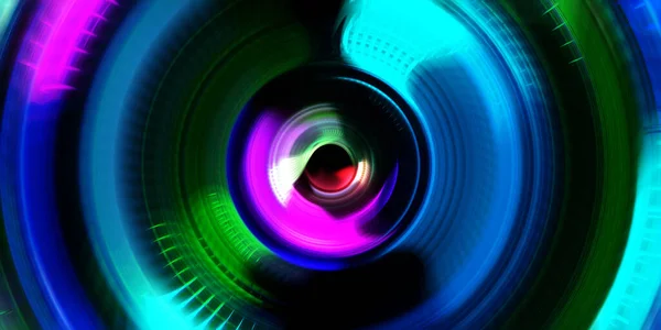 Photography camera concept. Abstract Background. Spinning rays of light. Motion conceptual wallpaper. Graphic digital illustration. Glowing neon rotating lights. Glossy presentation design template.