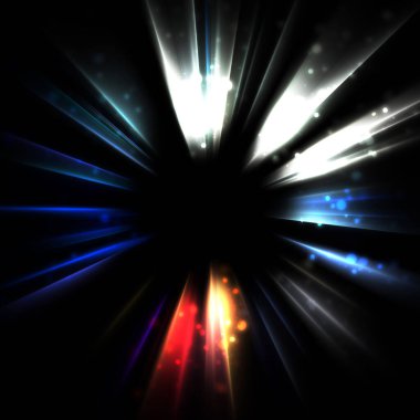 Işık huzmeleri ve parlayan parçacıkların kesiştiği güzel bir zemin. Canlı renkli ışıkların duvar kâğıdı. Parlak ışık görüntüsü.