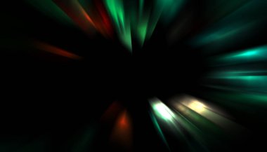 Siyah arkaplanda izole edilmiş dinamik ışık ışınları. Parlayan renkli ışık parçacıklarının grafiksel 2d çizimi.