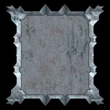 Gelecekçi tasarım şablonu. Metal paslı tabak menüsü. Teknoloji afişi beyaz arkaplanda izole edildi. Bilim kurgu elemanı grafiği. Metalik paslanmış 3 boyutlu illüstrasyon.  