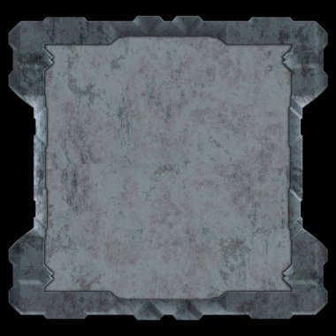 Gelecekçi tasarım şablonu. Metal paslı tabak menüsü. Teknoloji afişi beyaz arkaplanda izole edildi. Bilim kurgu elemanı grafiği. Metalik paslanmış 3 boyutlu illüstrasyon.  