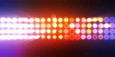 Parlak desenli duvar kağıdı. Sahne ışıkları olan renkli ışıkların ihtişamlı arkaplanı. Parlayan ışıklar siyah arka planda parti izleri. Sahne veya stadyum ışıklarının dijital illüstrasyonu. 