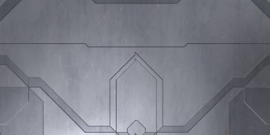 Gelecekçi kavramsal tasarım arka planı. Uzay gemisi desenli duvar kağıdı. Fırçalanmış teknoloji şablonu yüzeyi. Üç boyutlu illüstrasyon. Simetrik SciFi panelleri duvar. 