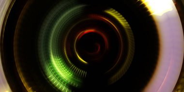 Fotoğraf makinesi konsepti. Soyut arkaplan. Dönen ışık ışınları. Hareketli kavramsal duvar kağıdı. Grafik dijital illüstrasyon. Parlayan neon ışıkları. Parlak sunum tasarım şablonu.