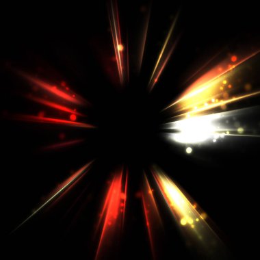 Işık huzmeleri ve parlayan parçacıkların kesiştiği güzel bir zemin. Canlı renkli ışıkların duvar kâğıdı. Parlak ışık görüntüsü.