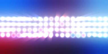 Parlak desenli duvar kağıdı. Sahne ışıkları olan renkli ışıkların ihtişamlı arkaplanı. Parlayan ışıklar siyah arka planda parti izleri. Sahne veya stadyum ışıklarının dijital illüstrasyonu. 