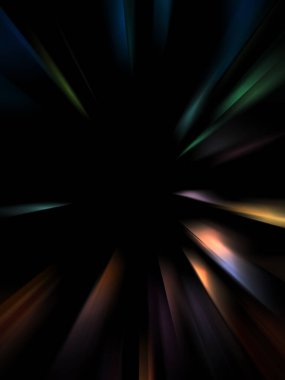 Siyah arkaplanda izole edilmiş dinamik ışık ışınları. Parlayan renkli ışık parçacıklarının grafiksel 2d çizimi.