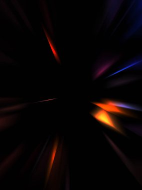 Siyah arkaplanda izole edilmiş dinamik ışık ışınları. Parlayan renkli ışık parçacıklarının grafiksel 2d çizimi.