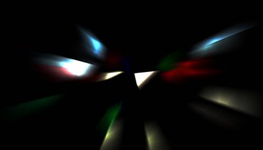 Parlayan ışıkları hareket ettirmenin havalı arka planı. Tasarımınız için canlı renkli bir portal şablonu. Işık ışınları ve hareket halindeki ışıldayan parçacıklar bir solucan deliği şekli oluşturuyor..