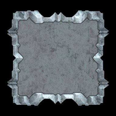 Gelecekçi tasarım şablonu. Metal paslı tabak menüsü. Teknoloji afişi beyaz arkaplanda izole edildi. Bilim kurgu elemanı grafiği. Metalik paslanmış 3 boyutlu illüstrasyon.  