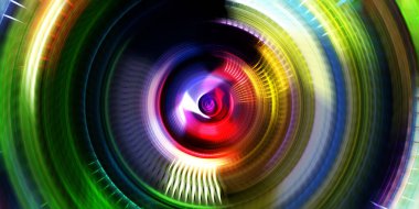 Fotoğraf makinesi konsepti. Soyut arkaplan. Dönen ışık ışınları. Hareketli kavramsal duvar kağıdı. Grafik dijital illüstrasyon. Parlayan neon ışıkları. Parlak sunum tasarım şablonu.