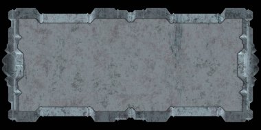 Gelecekçi tasarım şablonu. Metal paslı tabak menüsü. Teknoloji afişi beyaz arkaplanda izole edildi. Bilim kurgu elemanı grafiği. Metalik paslanmış 3 boyutlu illüstrasyon.  