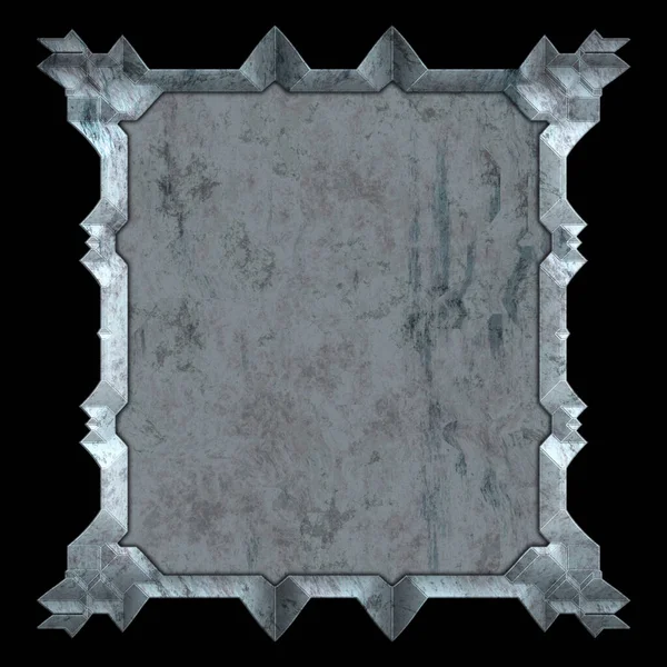 Gelecekçi tasarım şablonu. Metal paslı tabak menüsü. Teknoloji afişi beyaz arkaplanda izole edildi. Bilim kurgu elemanı grafiği. Metalik paslanmış 3 boyutlu illüstrasyon.  