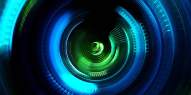 Fotoğraf makinesi konsepti. Soyut arkaplan. Dönen ışık ışınları. Hareketli kavramsal duvar kağıdı. Grafik dijital illüstrasyon. Parlayan neon ışıkları. Parlak sunum tasarım şablonu.